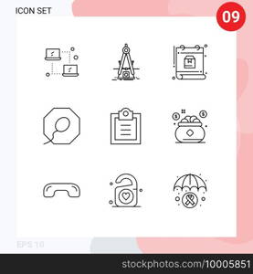 Mobile Interface Outline Set of 9 Pictograms of todo, checklist, development, sperm, package Editable Vector Design Elements