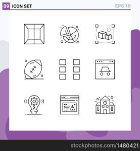 Mobile Interface Outline Set of 9 Pictograms of ui, rugby, file, game, ball Editable Vector Design Elements