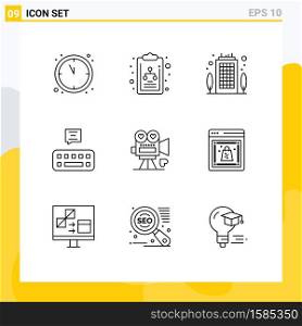 Mobile Interface Outline Set of 9 Pictograms of valentine, video camera, office, movie, mail Editable Vector Design Elements