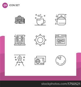 Mobile Interface Outline Set of 9 Pictograms of video, learning, time, education, tea Editable Vector Design Elements