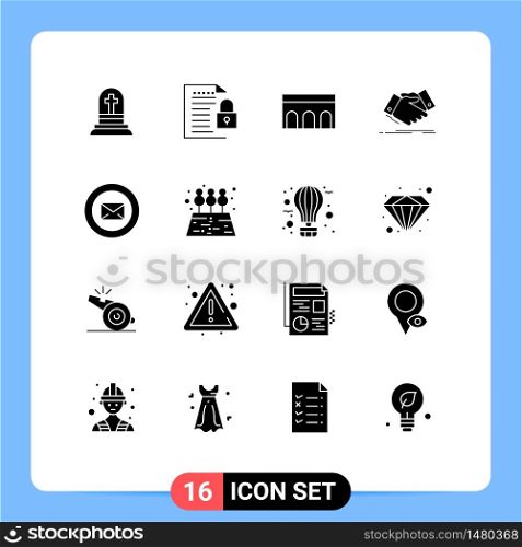 Mobile Interface Solid Glyph Set of 16 Pictograms of agreement, hand shake, paper, handshake, historic Editable Vector Design Elements
