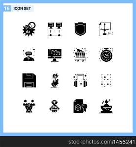 Mobile Interface Solid Glyph Set of 16 Pictograms of consultant, document, pc, development, coding Editable Vector Design Elements
