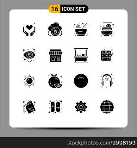 Mobile Interface Solid Glyph Set of 16 Pictograms of eye, spaghetti, currency, pasta, hot Editable Vector Design Elements