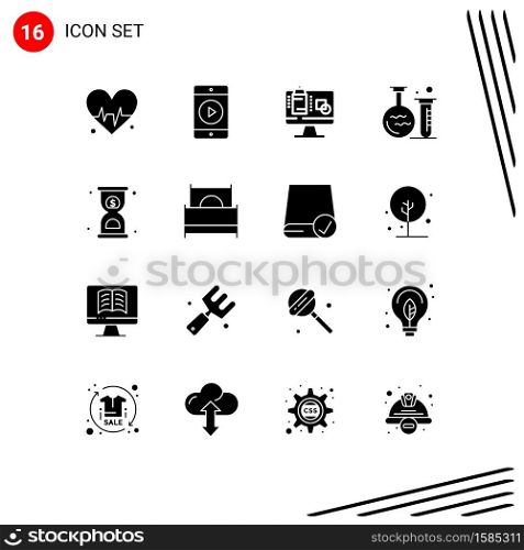 Mobile Interface Solid Glyph Set of 16 Pictograms of fast, hourglass, data, deadline, lab Editable Vector Design Elements