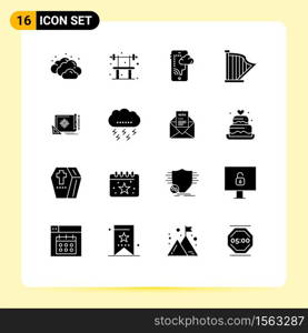 Mobile Interface Solid Glyph Set of 16 Pictograms of file, sound, connection, music, harp Editable Vector Design Elements