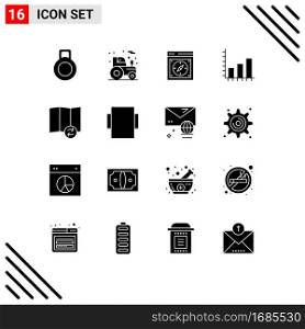 Mobile Interface Solid Glyph Set of 16 Pictograms of layout, sync, safari, map, chart Editable Vector Design Elements