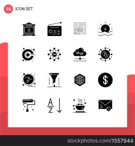 Mobile Interface Solid Glyph Set of 16 Pictograms of marketing, weather, business, sunset, puzzel Editable Vector Design Elements
