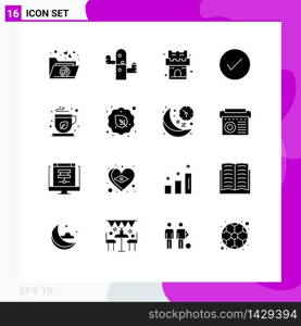 Mobile Interface Solid Glyph Set of 16 Pictograms of mocha, green, castle, tick, check Editable Vector Design Elements