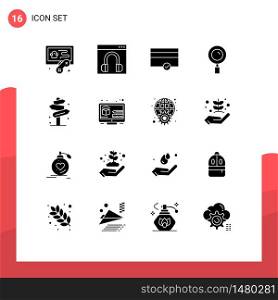 Mobile Interface Solid Glyph Set of 16 Pictograms of post, beach, finance, search, magnifier Editable Vector Design Elements