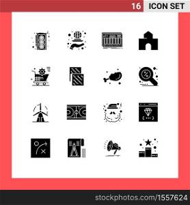 Mobile Interface Solid Glyph Set of 16 Pictograms of school, fortress, controller, building, sound Editable Vector Design Elements