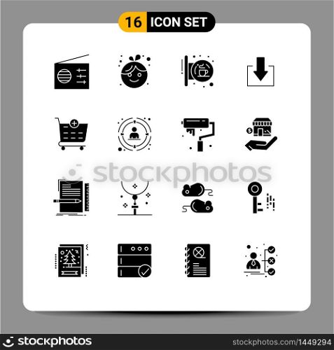 Mobile Interface Solid Glyph Set of 16 Pictograms of shopping cart, checkout, coffee, download, arrow Editable Vector Design Elements