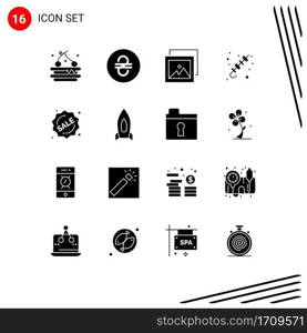 Mobile Interface Solid Glyph Set of 16 Pictograms of shopping, label, photo, badge, grilled food Editable Vector Design Elements