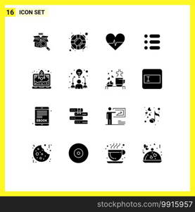 Mobile Interface Solid Glyph Set of 16 Pictograms of start up, laptop, beat, write, task Editable Vector Design Elements