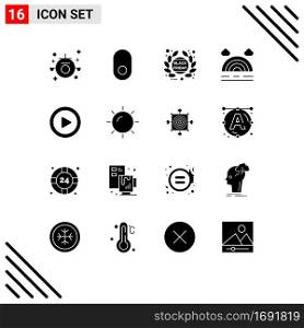 Mobile Interface Solid Glyph Set of 16 Pictograms of video, media, black friday, weather, forecast Editable Vector Design Elements