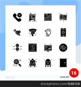 Mobile Interface Solid Glyph Set of 16 Pictograms of wrench, memory, printing, love, presentation Editable Vector Design Elements