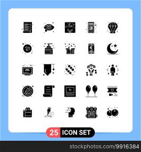 Mobile Interface Solid Glyph Set of 25 Pictograms of arrow, process, lettering, creative, online shop Editable Vector Design Elements