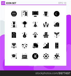 Mobile Interface Solid Glyph Set of 25 Pictograms of coffee, finance, board, euro, india Editable Vector Design Elements