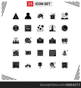 Mobile Interface Solid Glyph Set of 25 Pictograms of development, coding, leaf, code, ecology house Editable Vector Design Elements