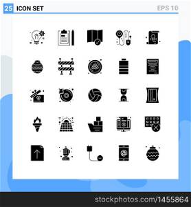Mobile Interface Solid Glyph Set of 25 Pictograms of diploma, online, notepad, check in, map Editable Vector Design Elements
