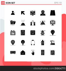 Mobile Interface Solid Glyph Set of 25 Pictograms of encryption, path, growth, lines, driveway Editable Vector Design Elements