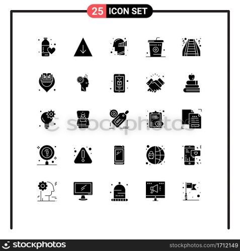 Mobile Interface Solid Glyph Set of 25 Pictograms of escalator, food, chart, drinks, coke Editable Vector Design Elements