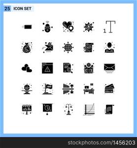 Mobile Interface Solid Glyph Set of 25 Pictograms of font, security, secure, lock, love location Editable Vector Design Elements