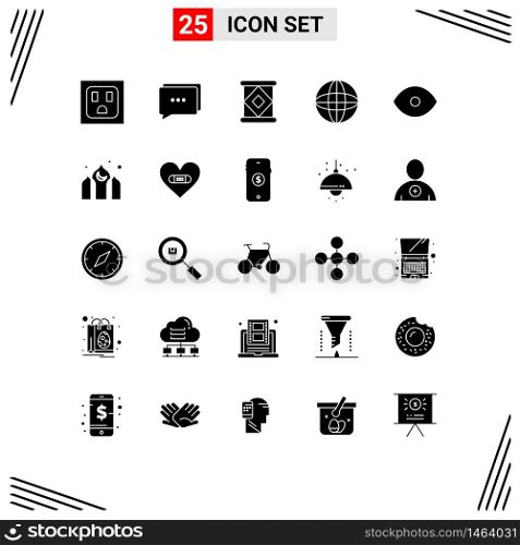 Mobile Interface Solid Glyph Set of 25 Pictograms of kareem, architecture, arrow, vision, face Editable Vector Design Elements