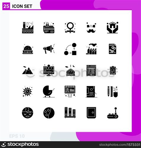 Mobile Interface Solid Glyph Set of 25 Pictograms of love, father, lock, dad, feminism Editable Vector Design Elements