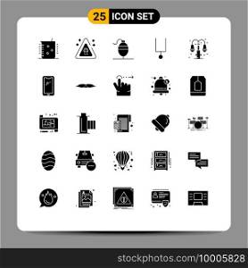 Mobile Interface Solid Glyph Set of 25 Pictograms of lump, life, bobber, city, music Editable Vector Design Elements
