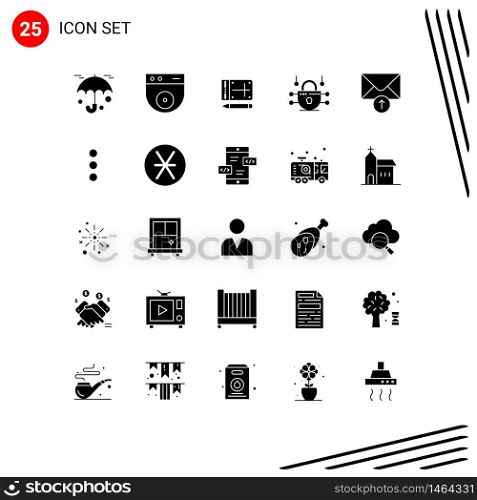Mobile Interface Solid Glyph Set of 25 Pictograms of phone, receive, online, message, network security Editable Vector Design Elements