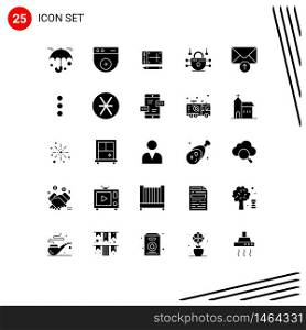 Mobile Interface Solid Glyph Set of 25 Pictograms of phone, receive, online, message, network security Editable Vector Design Elements