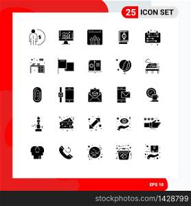Mobile Interface Solid Glyph Set of 25 Pictograms of quran, islam, kpi, report, graph Editable Vector Design Elements