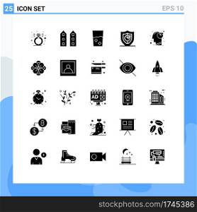Mobile Interface Solid Glyph Set of 25 Pictograms of security, protection, and, locked, set Editable Vector Design Elements