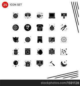 Mobile Interface Solid Glyph Set of 25 Pictograms of setting, laptop, love, configure, hospital Editable Vector Design Elements