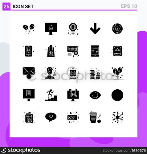 Mobile Interface Solid Glyph Set of 25 Pictograms of share, persentage, globe, pie, down Editable Vector Design Elements