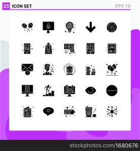 Mobile Interface Solid Glyph Set of 25 Pictograms of share, persentage, globe, pie, down Editable Vector Design Elements