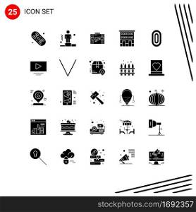 Mobile Interface Solid Glyph Set of 25 Pictograms of shop front, house, baggage, buildings, portfolio Editable Vector Design Elements