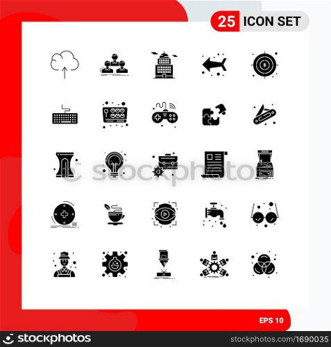 Mobile Interface Solid Glyph Set of 25 Pictograms of target, business, administration, direction, arrow Editable Vector Design Elements