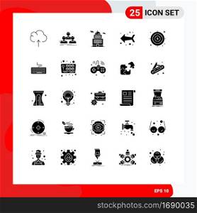Mobile Interface Solid Glyph Set of 25 Pictograms of target, business, administration, direction, arrow Editable Vector Design Elements
