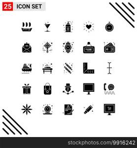 Mobile Interface Solid Glyph Set of 25 Pictograms of timer, quick, sunscreen, fast, stopwatch Editable Vector Design Elements