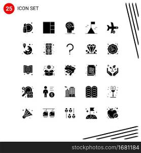 Mobile Interface Solid Glyph Set of 25 Pictograms of transport, landing, future, flight, mountain Editable Vector Design Elements