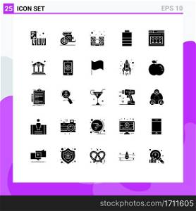 Mobile Interface Solid Glyph Set of 25 Pictograms of web, internet, computer, power, battery Editable Vector Design Elements