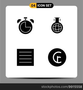 Mobile Interface Solid Glyph Set of 4 Pictograms of alarm, clothing, timer, chemistery, laundry Editable Vector Design Elements