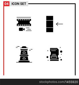 Mobile Interface Solid Glyph Set of 4 Pictograms of animation, watchtower, filmstrip, import, memory Editable Vector Design Elements