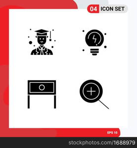 Mobile Interface Solid Glyph Set of 4 Pictograms of avatar, interior, brainstorming, end, in Editable Vector Design Elements