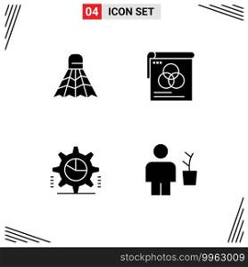 Mobile Interface Solid Glyph Set of 4 Pictograms of badminton, gear, game, wallpaper, settings Editable Vector Design Elements