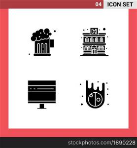 Mobile Interface Solid Glyph Set of 4 Pictograms of beer, development, apartment, browser, asteroids Editable Vector Design Elements