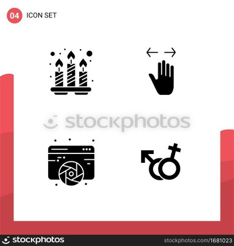 Mobile Interface Solid Glyph Set of 4 Pictograms of candles, design, tray, left, fine arts Editable Vector Design Elements
