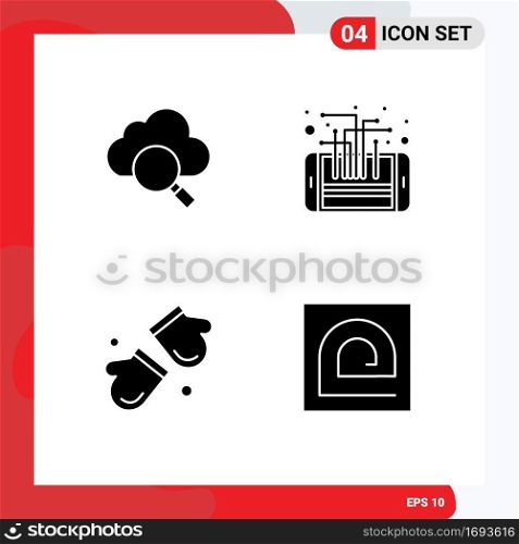 Mobile Interface Solid Glyph Set of 4 Pictograms of cloud, arctic, circuit, processor, gloves Editable Vector Design Elements