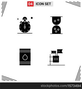 Mobile Interface Solid Glyph Set of 4 Pictograms of watch, flamable, timer, barrel, ballot Editable Vector Design Elements